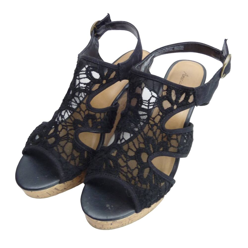 American Eagle Womens Slingback Cork Wedge Sandals Size 9 Black Floral Lace Boho